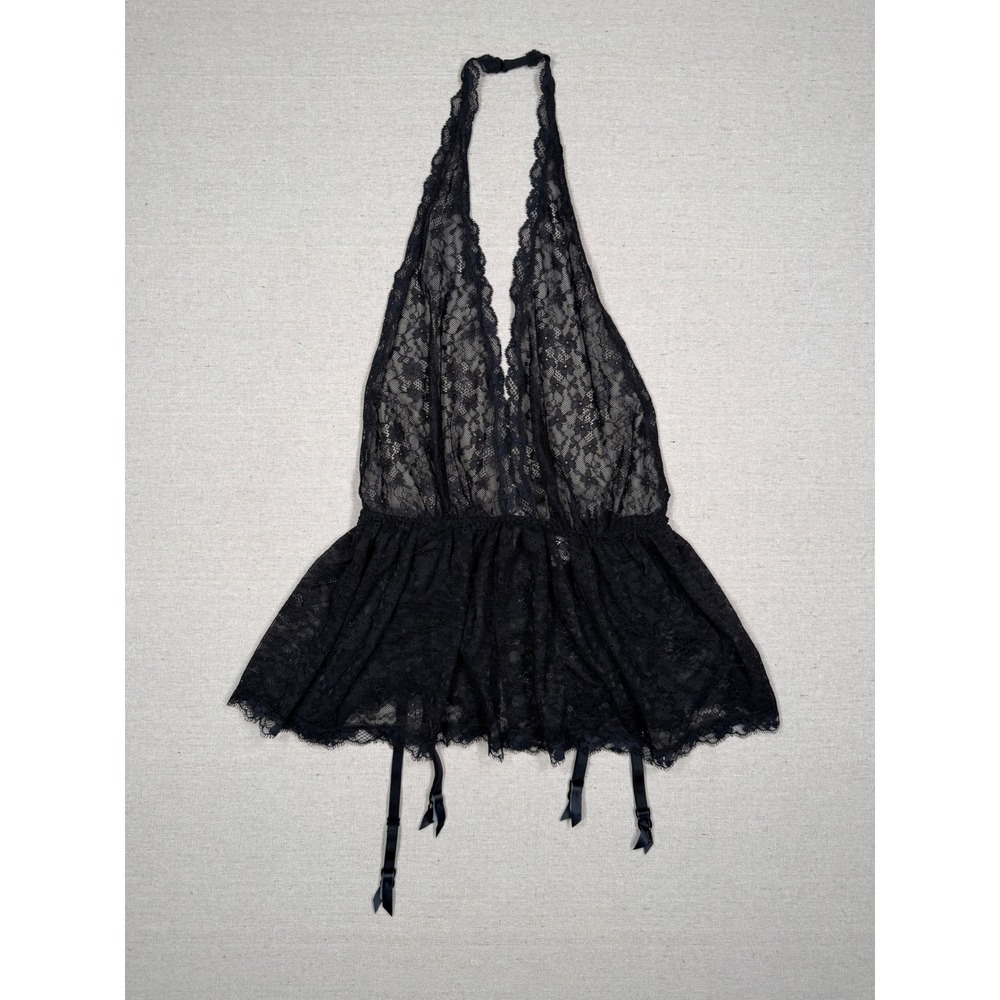 Victorias Secret Black Lace Halter Babydoll Garter Lingerie Medium Floral Sheer